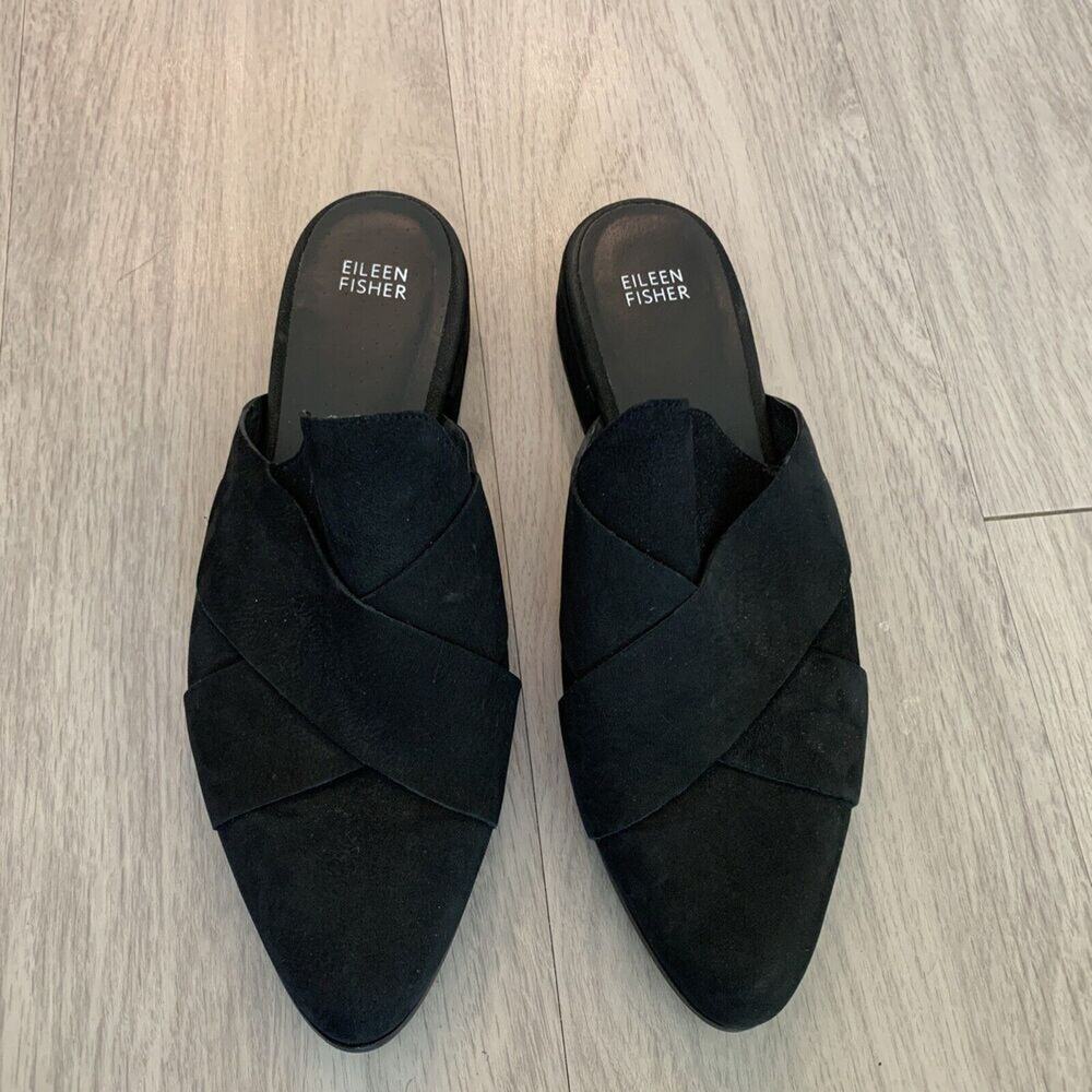 EILEEN FISHER Flat NUBUCK MULES - Black Size 11